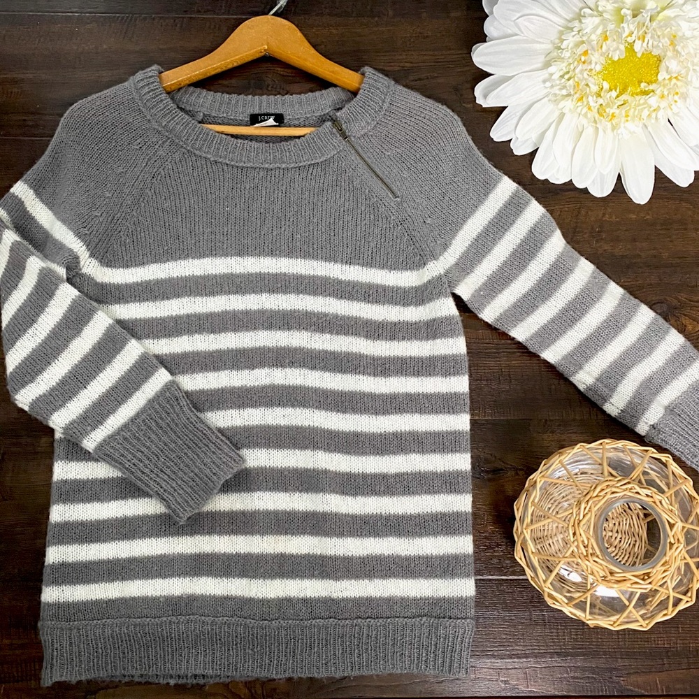 J CREW grey & white striped pullover sweater with shoulder zipper